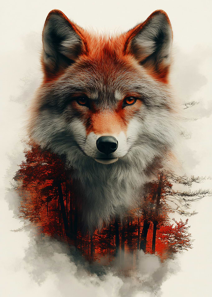 Double Exposure Fox in Autumn Forest