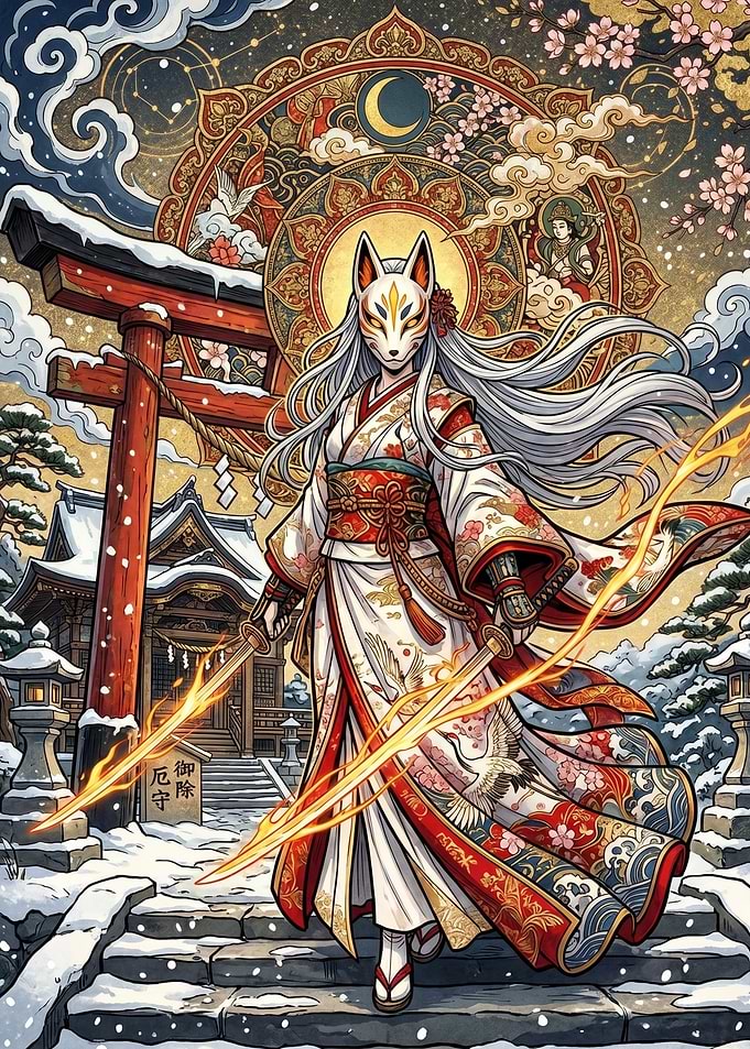 Kitsune Warrior in Snowy Shrine