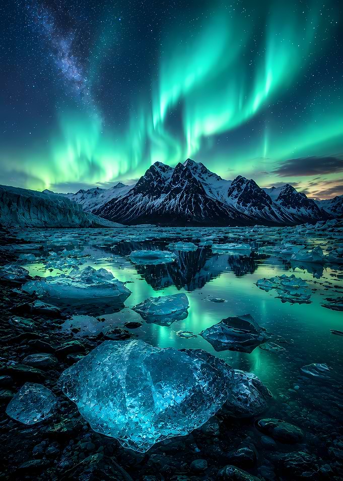 Aurora Borealis over Icy Landscape