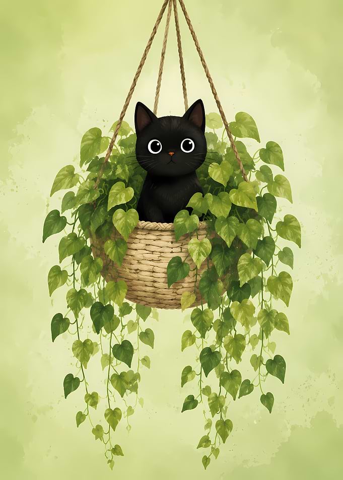 Cute black cat in a hanging planter