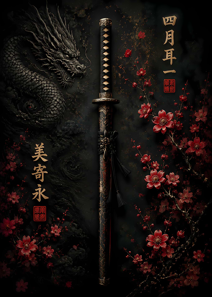Dragon, Katana, and Cherry Blossoms