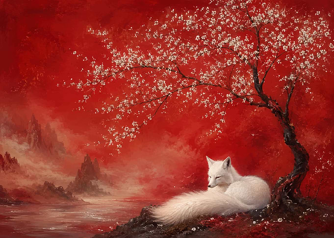 White Fox Under Cherry Blossom Tree