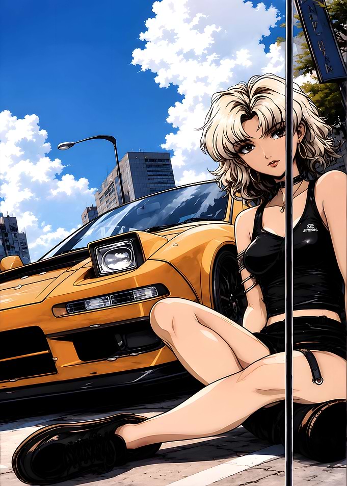 Anime girl with yellow sports car