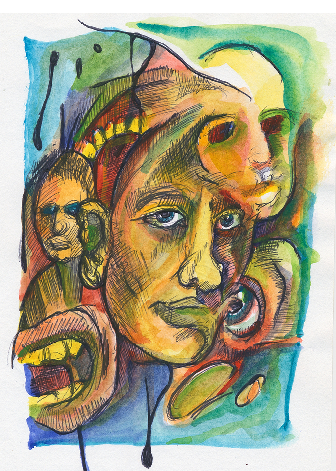 Surreal Faces Watercolor Painting