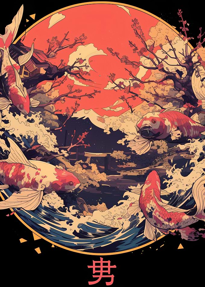 Koi Fish in Japanese Wave Art
