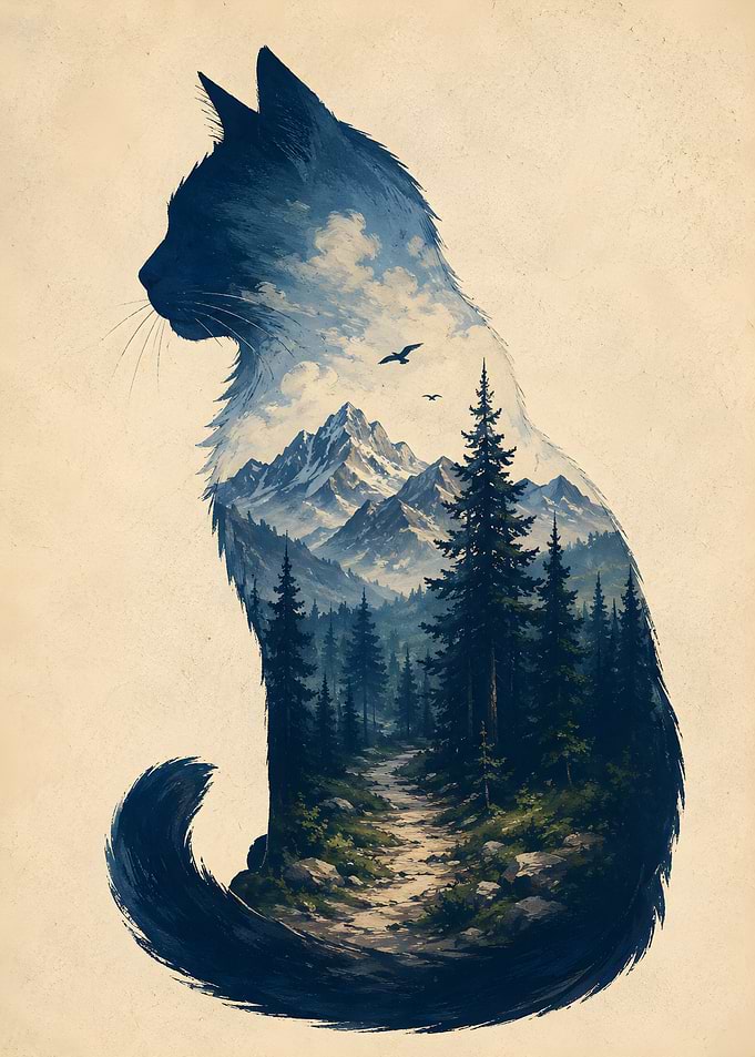 Cat Silhouette with Mountain Landscape