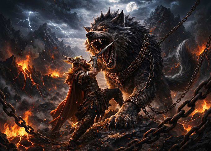 Viking battles Fenrir in fiery landscape