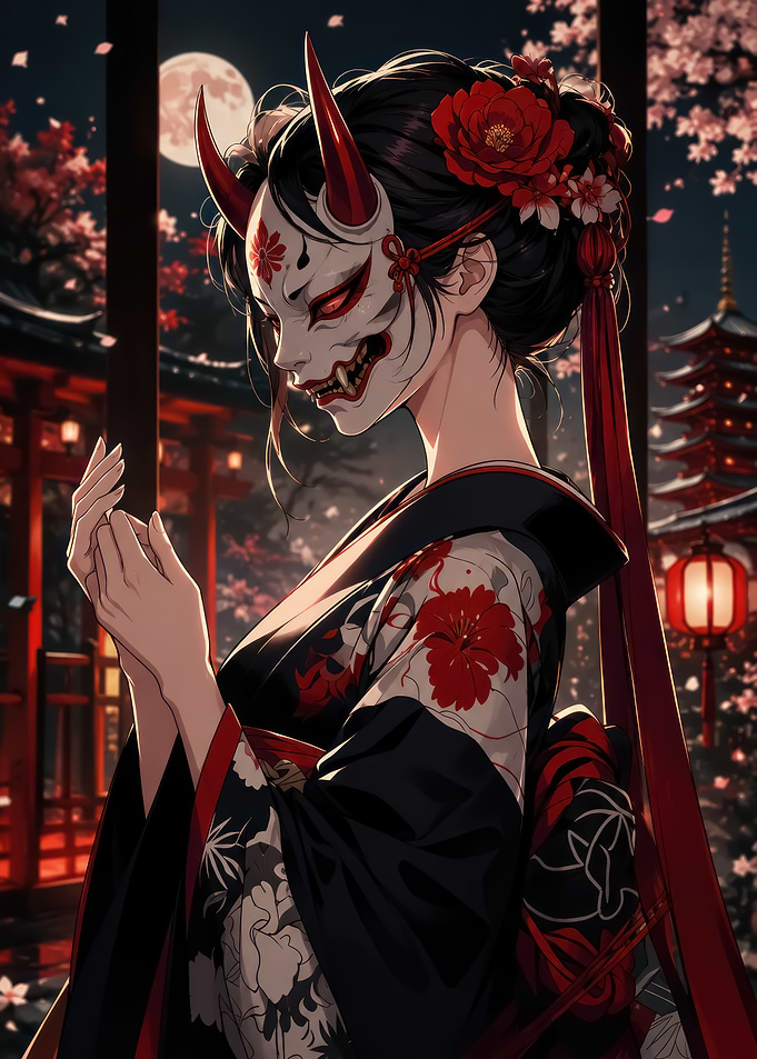 Oni Masked Woman in Kimono