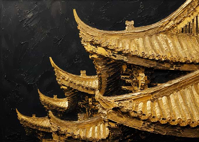 Golden Pagoda Roofs on Black Background