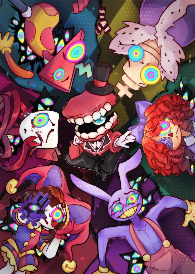 Creepy Circus Characters with Swirling Eyes