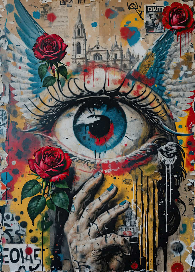 Surreal Eye with Wings and Roses
