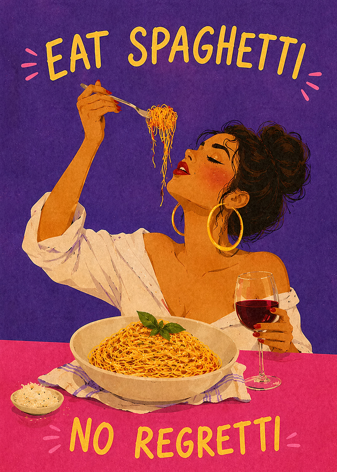 Woman eating spaghetti with wine