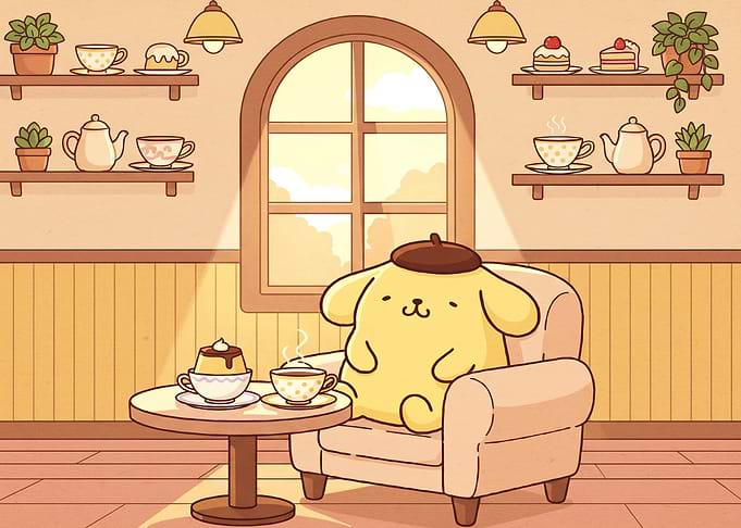 Pompompurin enjoying tea and dessert