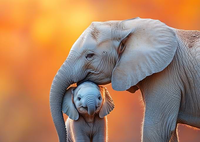 Mother and baby elephant embrace
