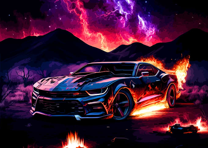 Burning Car Under Electric Sky