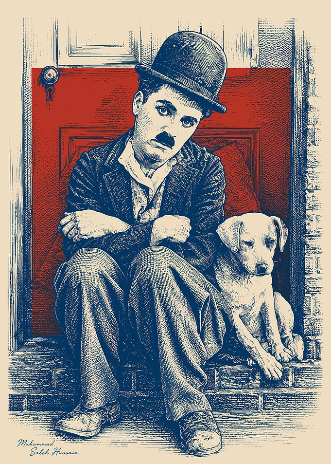 Charlie Chaplin and Dog on Steps