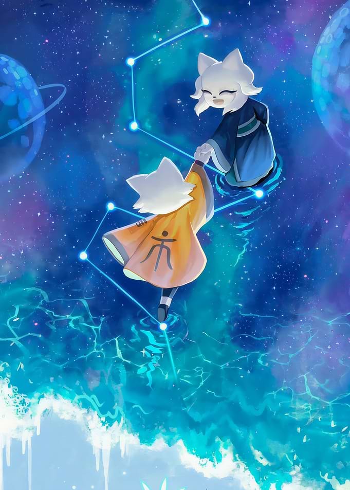 Two white fox characters holding hands in space