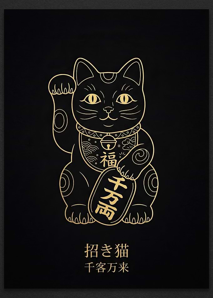 Golden Maneki Neko Cat on Black Background
