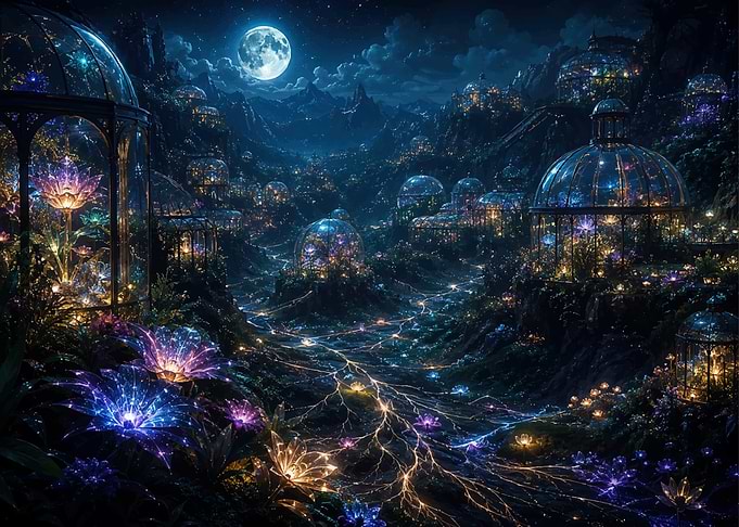 Enchanted Nighttime Valley with Bioluminescent Flora