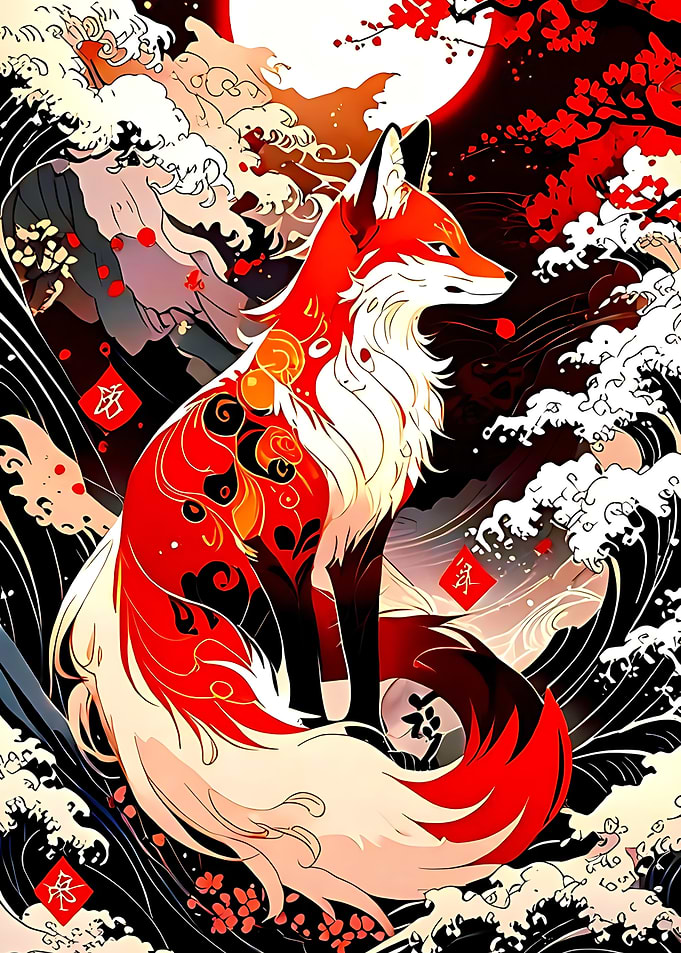 Red Fox in Japanese Wave Art