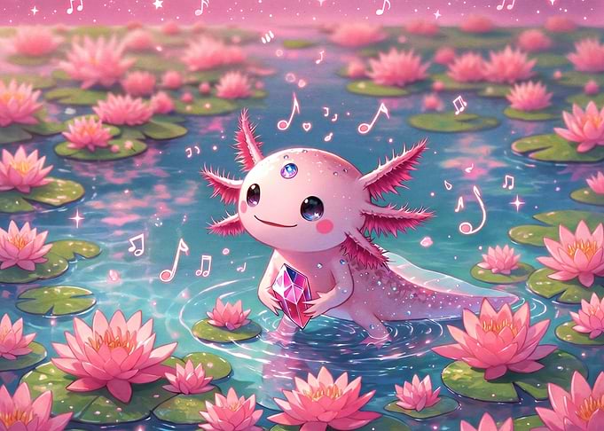 Cute Axolotl with Crystal in Lotus Pond