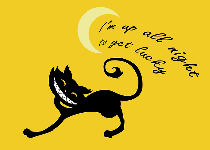 Cheshire Cat with Moon and Text