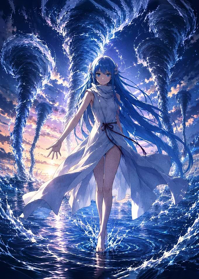 Anime Girl Amidst Water Tornadoes