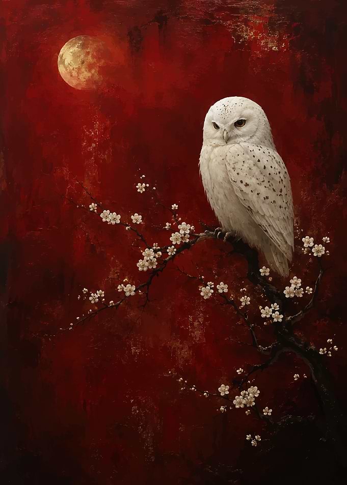 Snowy Owl on Cherry Blossom Branch