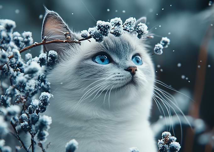 Majestic Cat with Blue Eyes in Winter