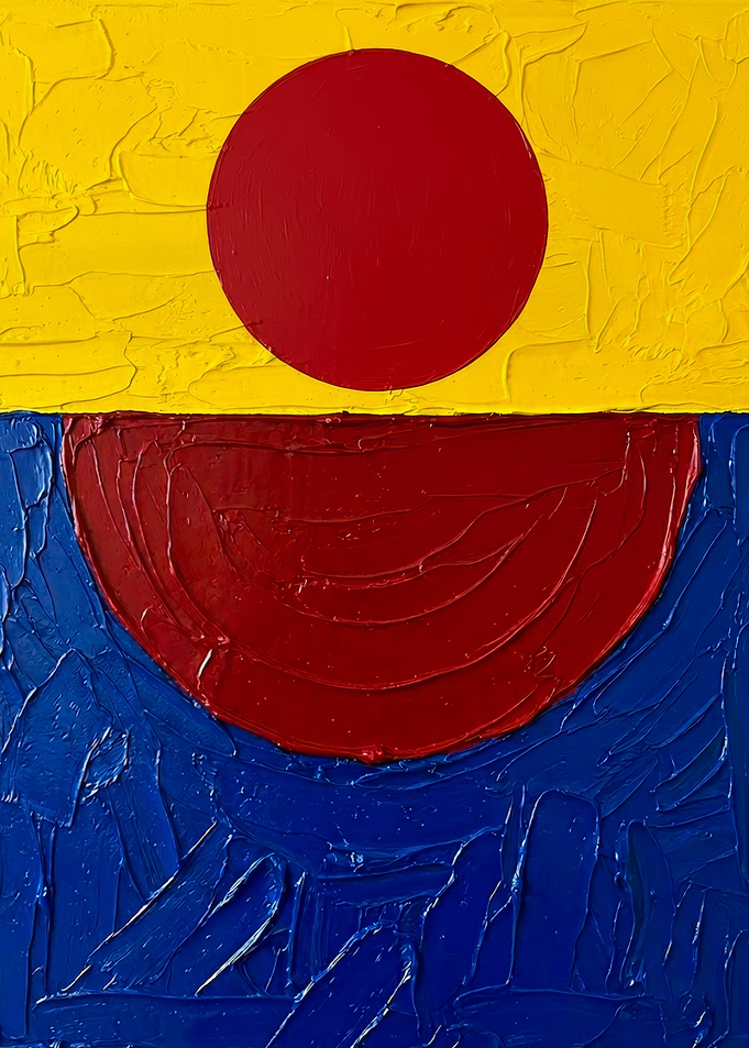 Abstract Red and Blue Shapes on Yellow