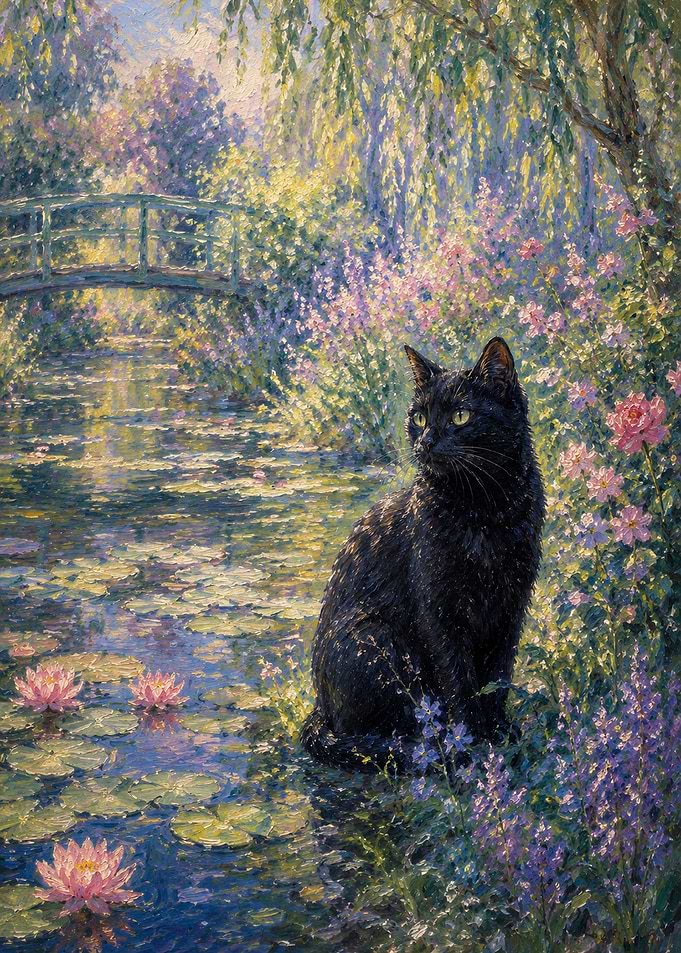 Black Cat in a Monet-style Garden