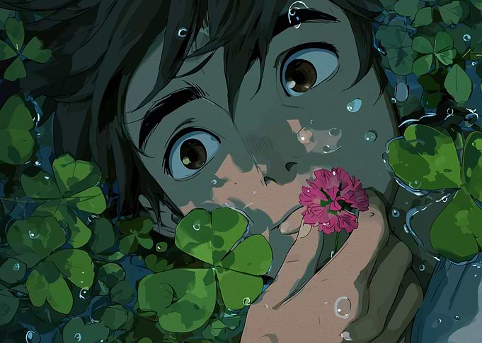 Anime Boy with Clover and Flower