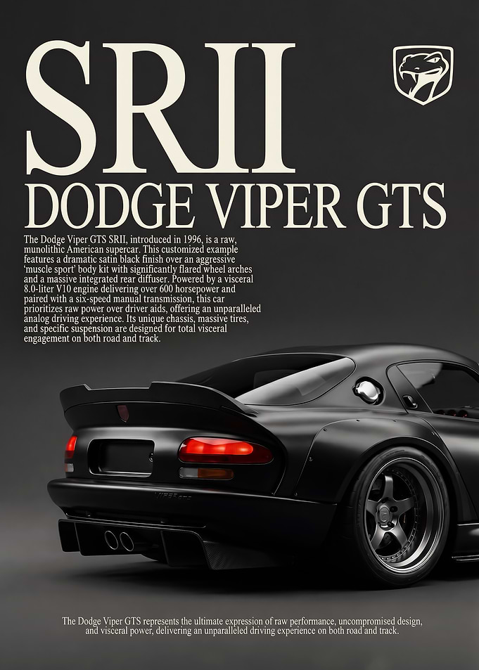 close up sleek Dodge Viper GTS SRII black car poster