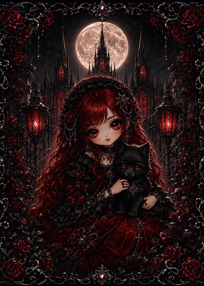Gothic Anime Girl with Black Cat
