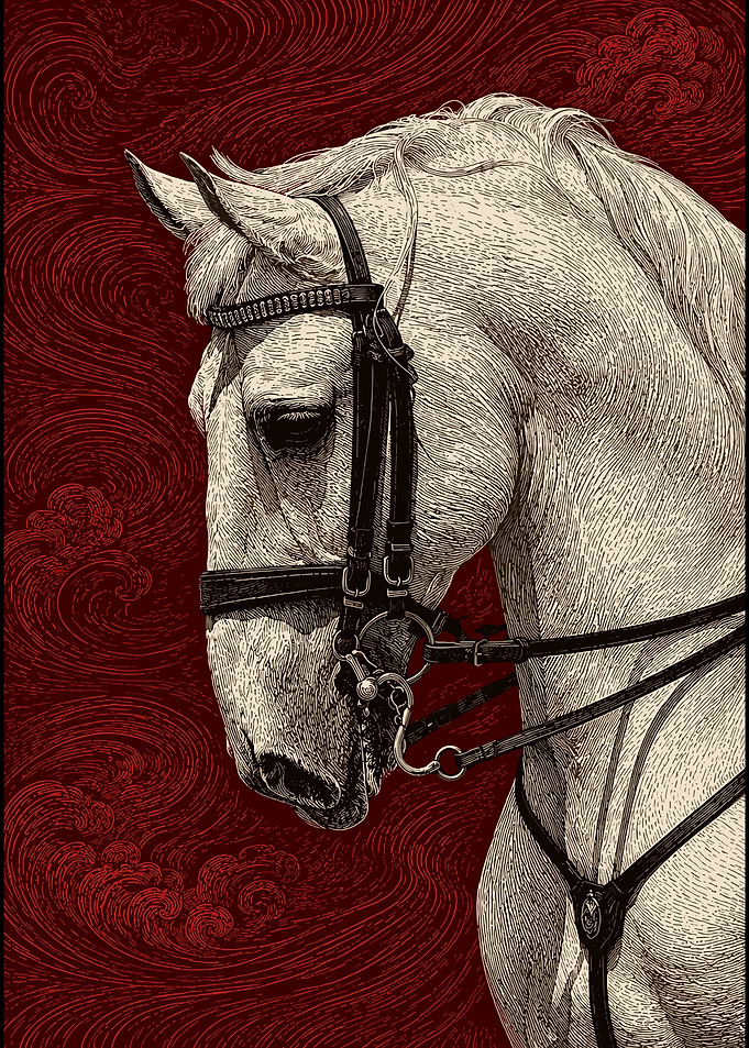 White Horse Portrait with Red Swirl Background