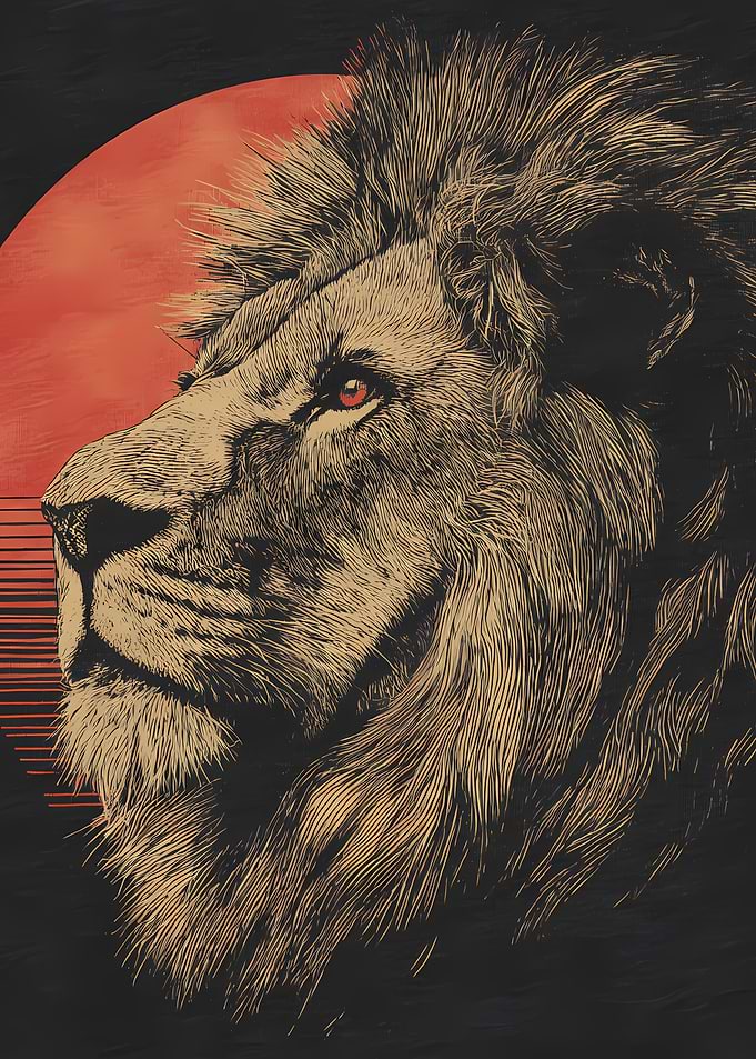Majestic Lion Profile with Red Sun