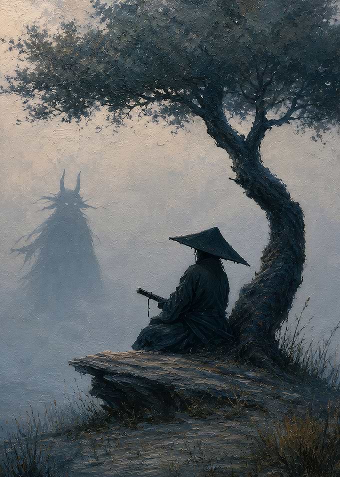 Samurai and Demon in Foggy Landscape