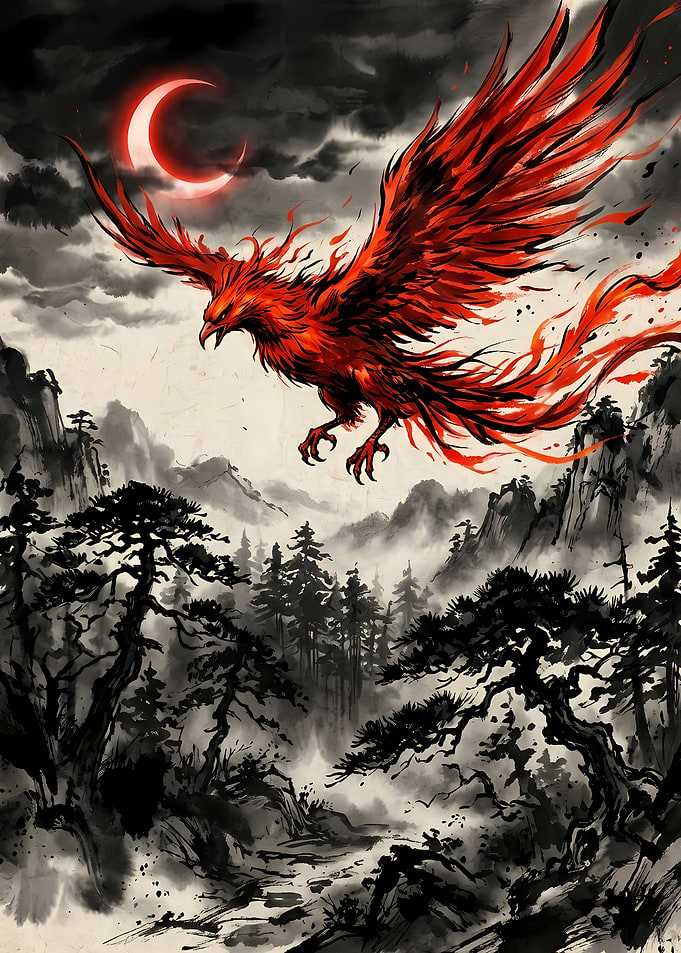 Fiery Phoenix Over Misty Mountains