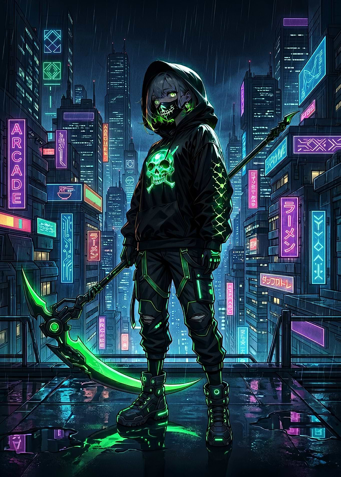 Cyberpunk Grim Reaper in Neon City
