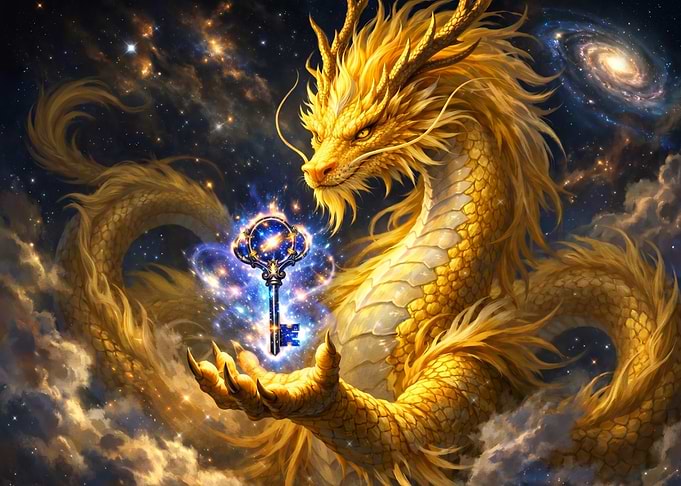 Golden Dragon Holding a Cosmic Key
