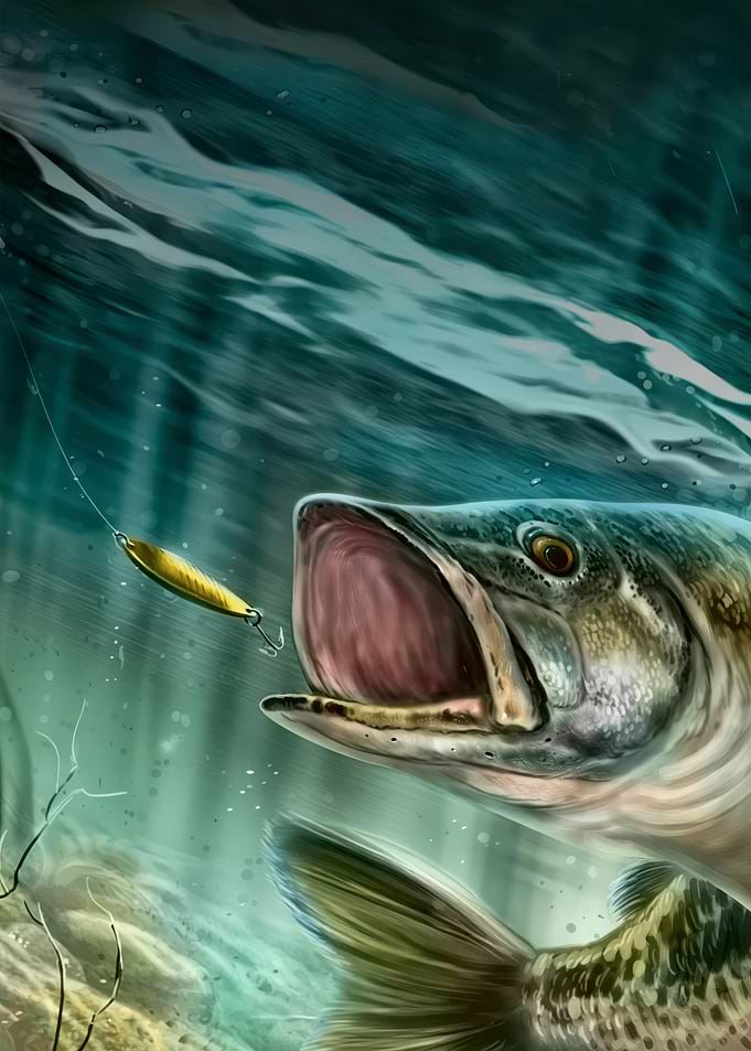 Fish lunging for fishing lure underwater