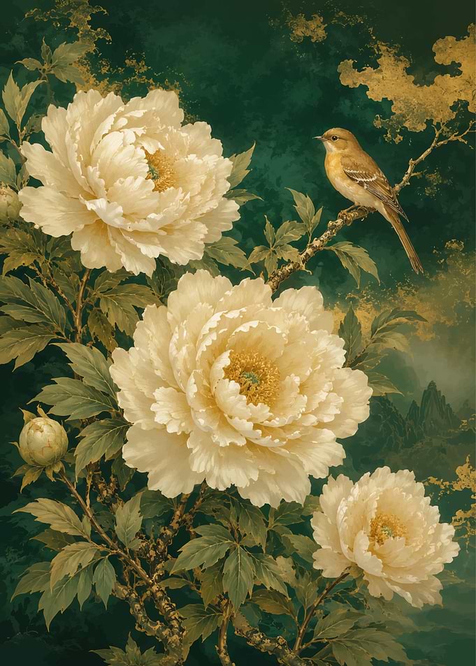 Peonies and Bird Painting