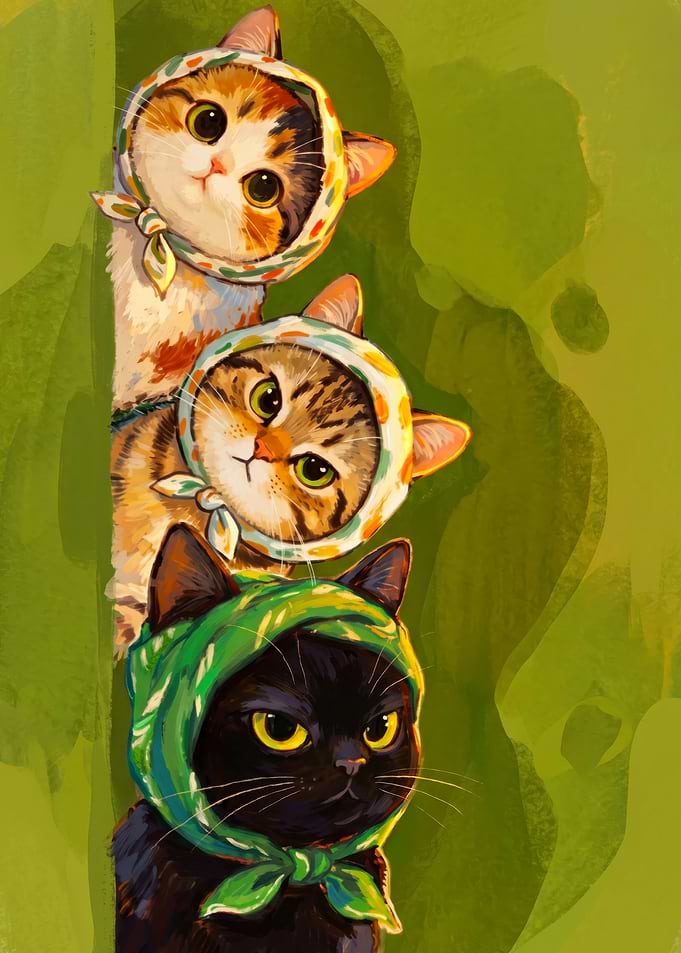 Three Cats Wearing Scarves