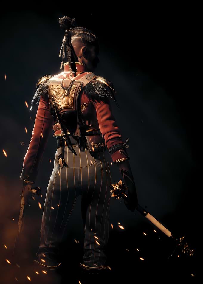 Character in ornate red and gold attire