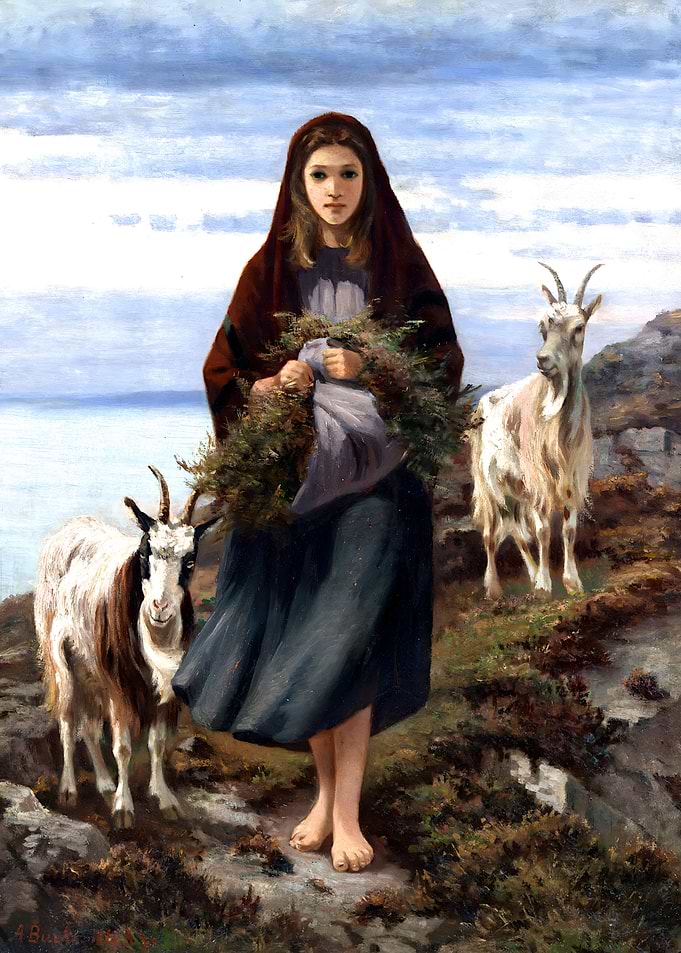 Connemara Girl - Young Woman with Goats by the Sea