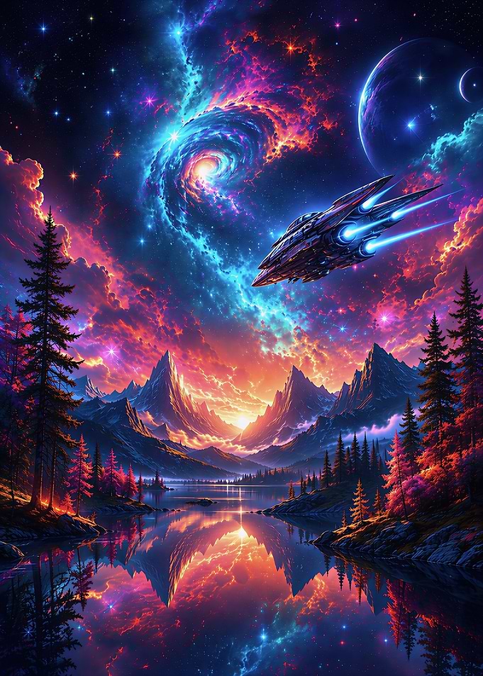Sci-fi Spaceship Over Cosmic Landscape