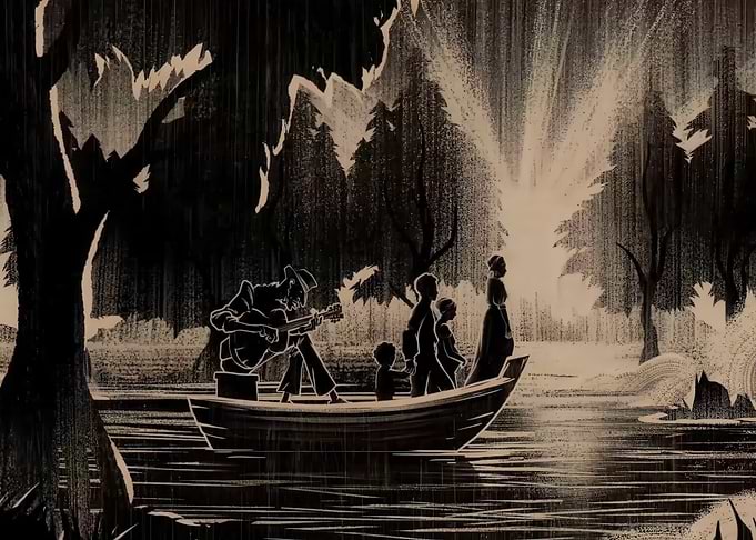 Man plays guitar for children in a boat
