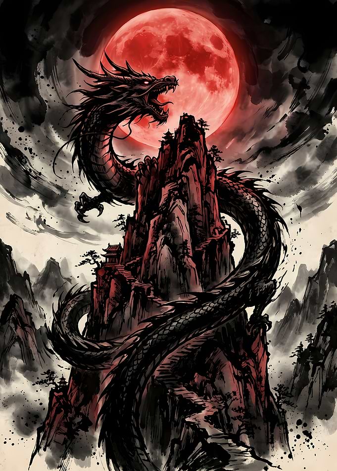 Dragon on Mountain Under Red Moon