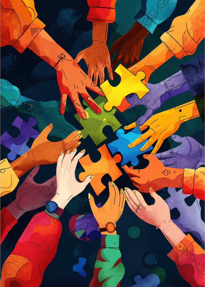 Hands assembling puzzle pieces