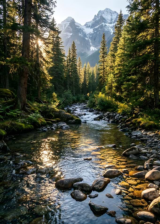 Mountain Stream in a Pine Forest
